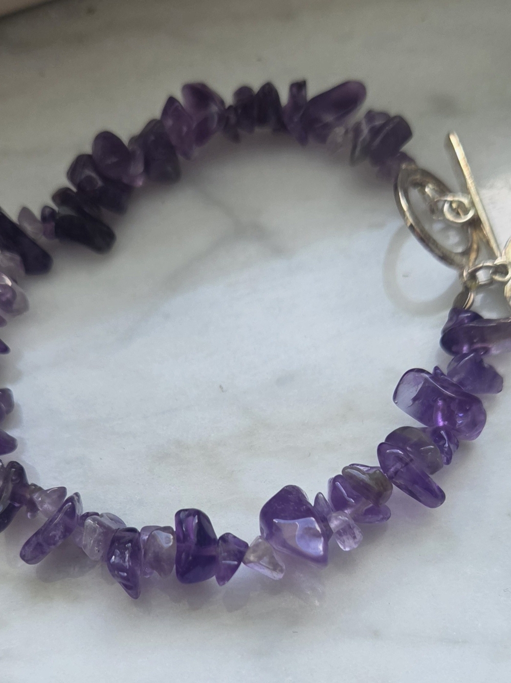 Vintage Sterling Silver Amethyst Chip Bracelet MOM LOVE Heart Toggle
